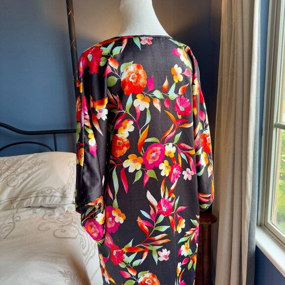 Natori Black Tropical Floral Satin Caftan Muumuu Dress - Picture 8 of 11